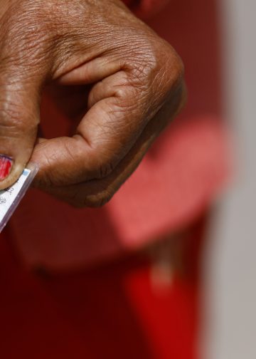 Ink is pictured on the finger of a woman after she casts her vote in a booth during the elections in Kathmandu, Nepal, on Thursday, March 5, 2026. Photo: UNDP Nepal