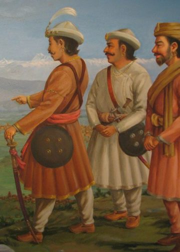 A painting depicting modern Nepal's founder Prithvi Narayan Shah, then the King of Gorkha, discussing annexation of the Kathmandu valley